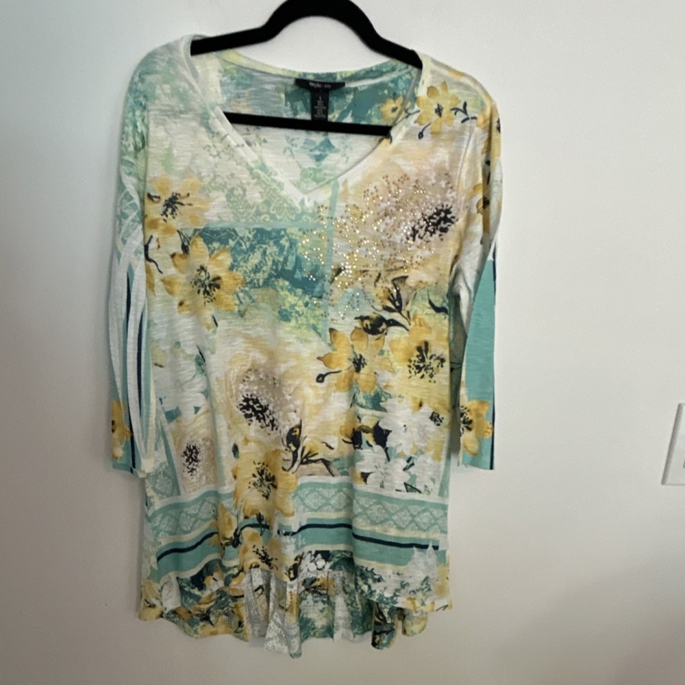 Style & Co. Floral Lace Studded Tunic Blouse V-Neck 3/4 Sleeve Yellow Green L